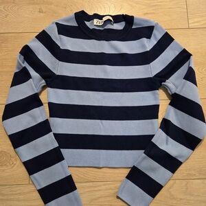 Zara Navy and Light Blue Striped Long Sleeve Tee